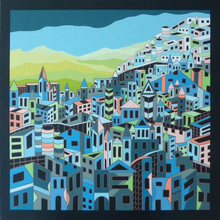 Village bleu et paysage - oeuvre de Bernadette Steffen BESN10-SD