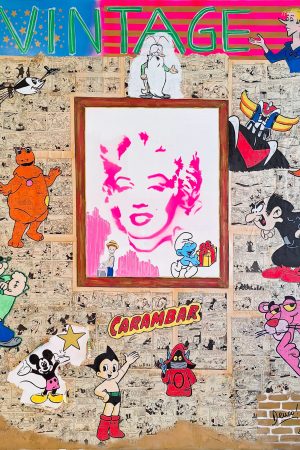 nicolas decaux 1.Sur la toile niveau Mickey à gauche; déchirure du collage par l'artiste. 2. Léger décollement du papier de bande dessinée à plusieurs endroits. 3. Rayure de couleur au niveau de l'inscription "Vintage". 4. Plusieurs craquelures sur les côtés de la toile.